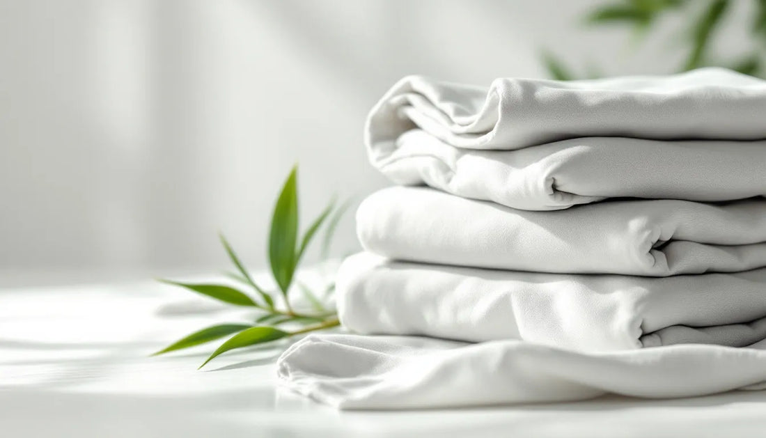 Soft folded bamboo fabric clothing in light grey and white stacked neatly beside fresh green bamboo stalks on a clean white surface, showcasing the natural texture and sustainable origins of bamboo viscose apparel