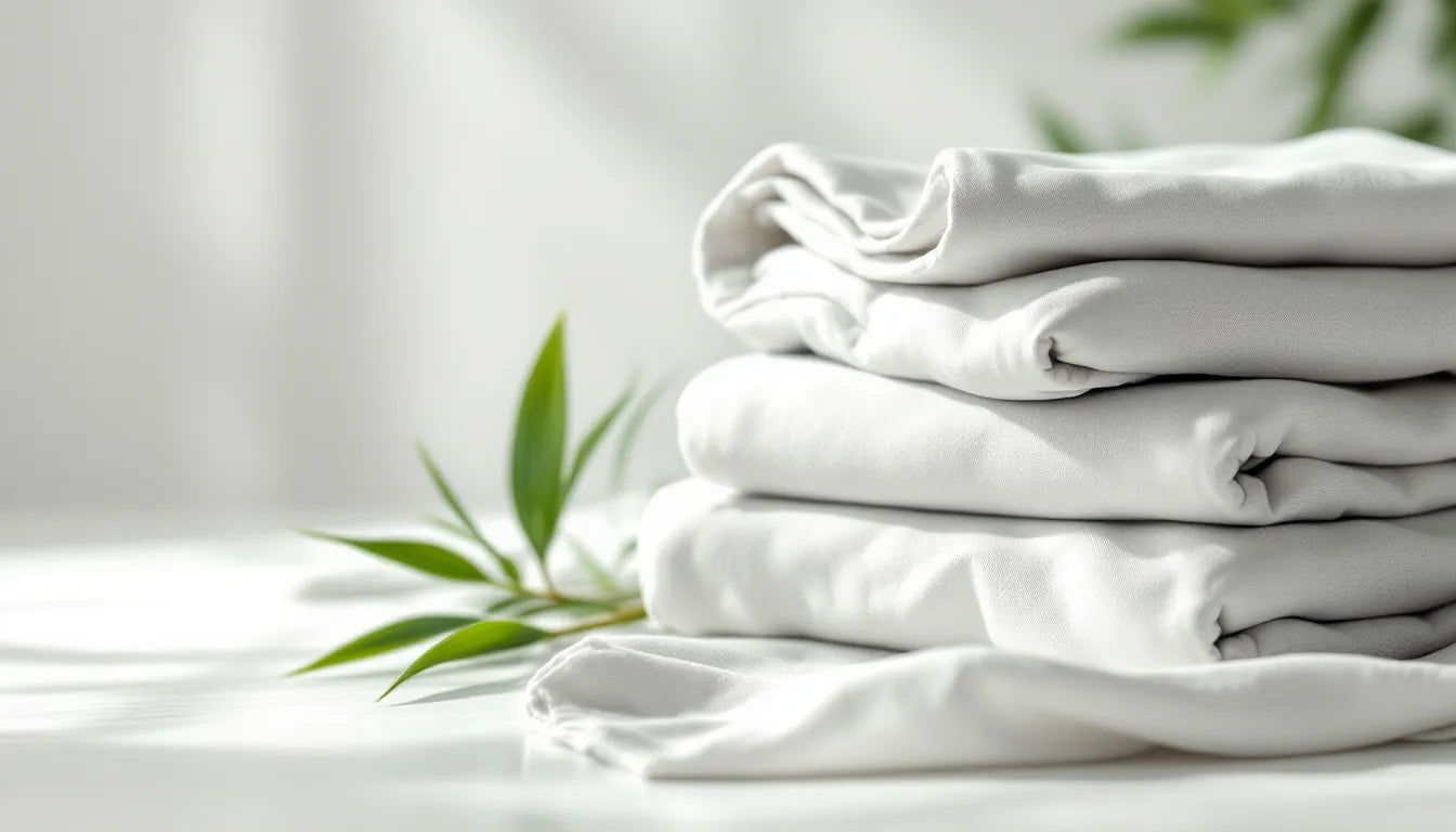 Soft folded bamboo fabric clothing in light grey and white stacked neatly beside fresh green bamboo stalks on a clean white surface, showcasing the natural texture and sustainable origins of bamboo viscose apparel