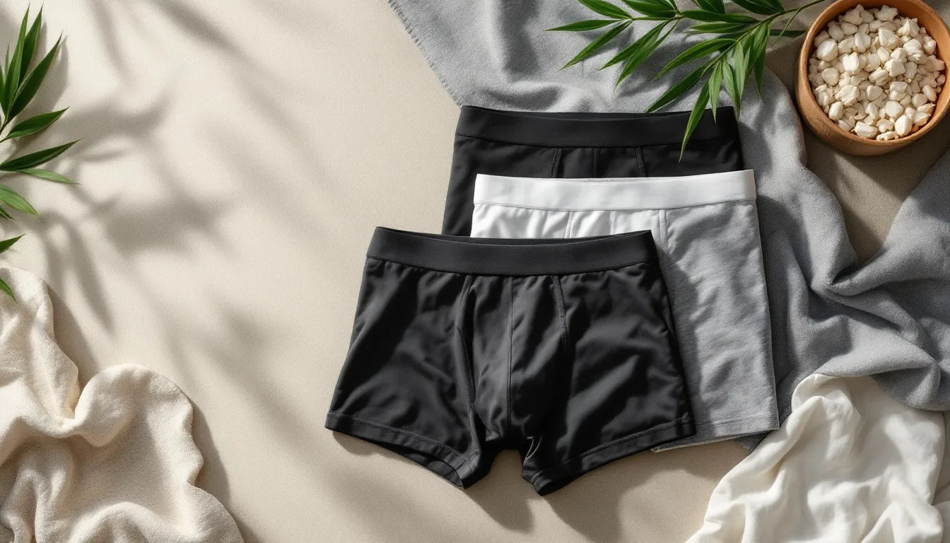 Flat lay product photography of premium bamboo underwear for men, showing neatly folded boxer briefs and trunks in neutral colors with bamboo leaves and sustainable materials on a natural background
