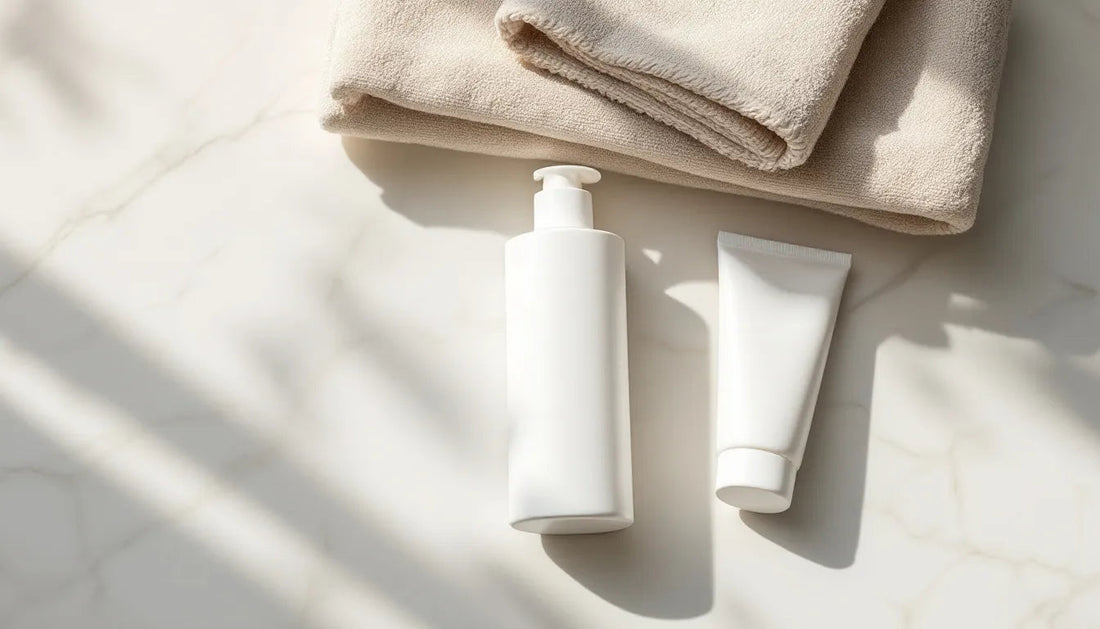 Flat-lay of men's basic skincare routine essentials including cleanser, moisturizer, and SPF on a white marble surface with a folded bamboo towel and warm morning light