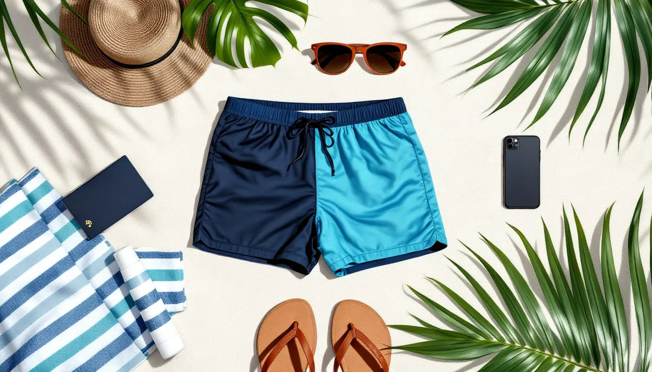 Overhead flat lay of beach vacation packing essentials including colorful bamboo underwear trunks, sunglasses, sunscreen, flip-flops, towel, and passport arranged on white sand