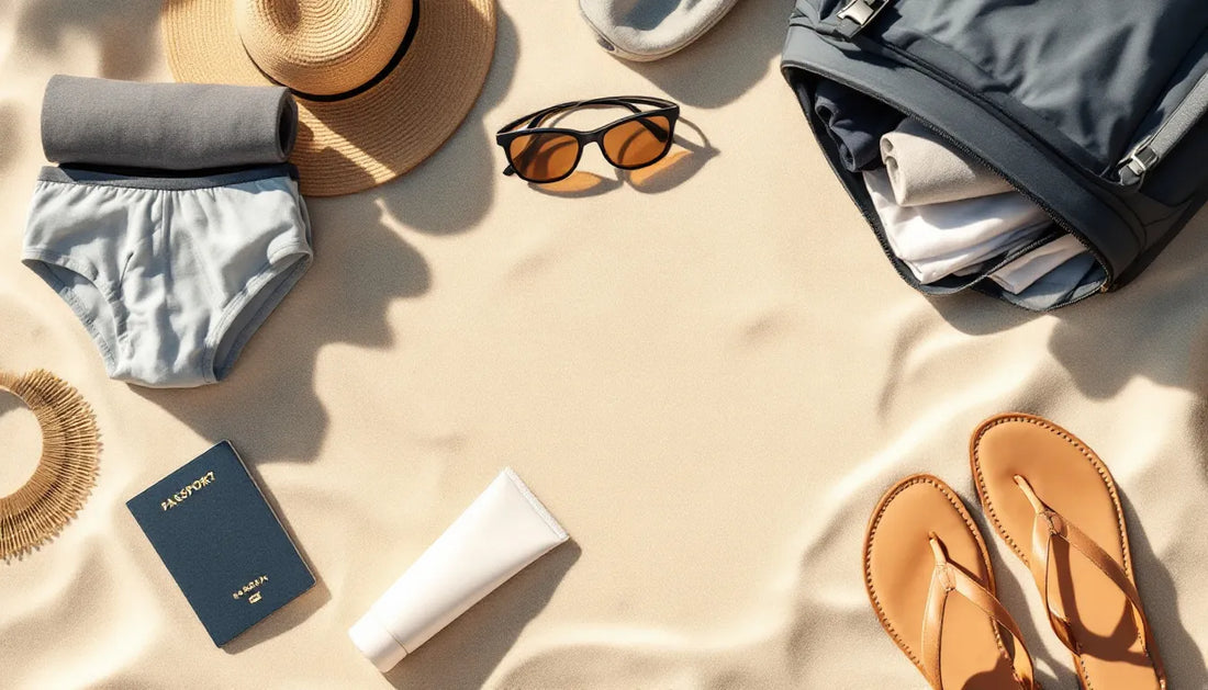 Overhead flat lay of men's beach vacation packing essentials on sandy surface including rolled bamboo underwear, sunscreen, sunglasses, passport, carry-on bag, and flip flops