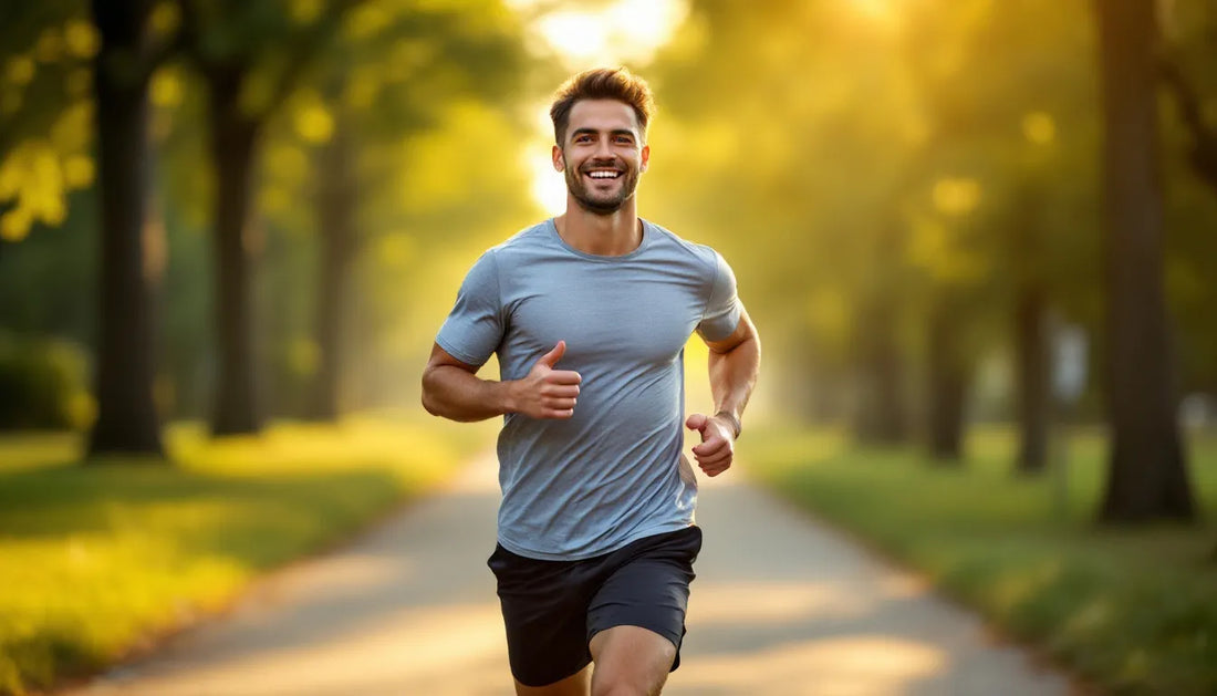 Man running on a park path in the morning with a relaxed smile, soft golden light through trees, showing that running as a beginner can be enjoyable and achievable