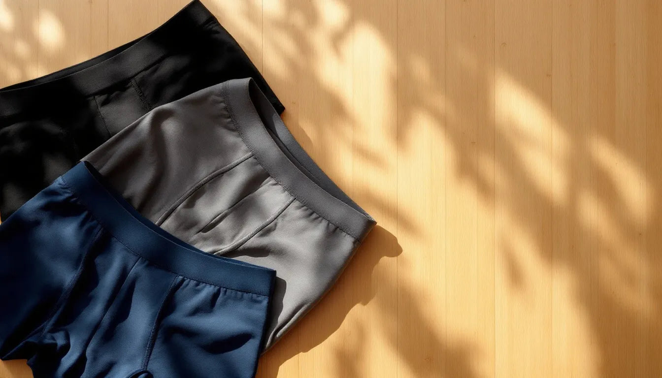 Premium bamboo men's underwear in black, gray, and navy arranged on natural bamboo wood surface showing fabric texture and quality construction