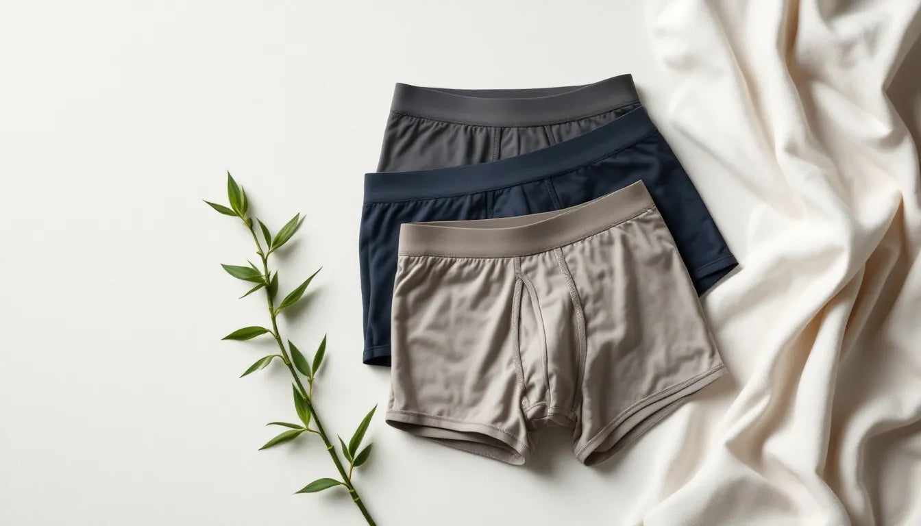 Flat-lay of neatly folded men's bamboo boxer briefs in earth tones on a light neutral surface with a sprig of bamboo, showcasing sustainable men's underwear