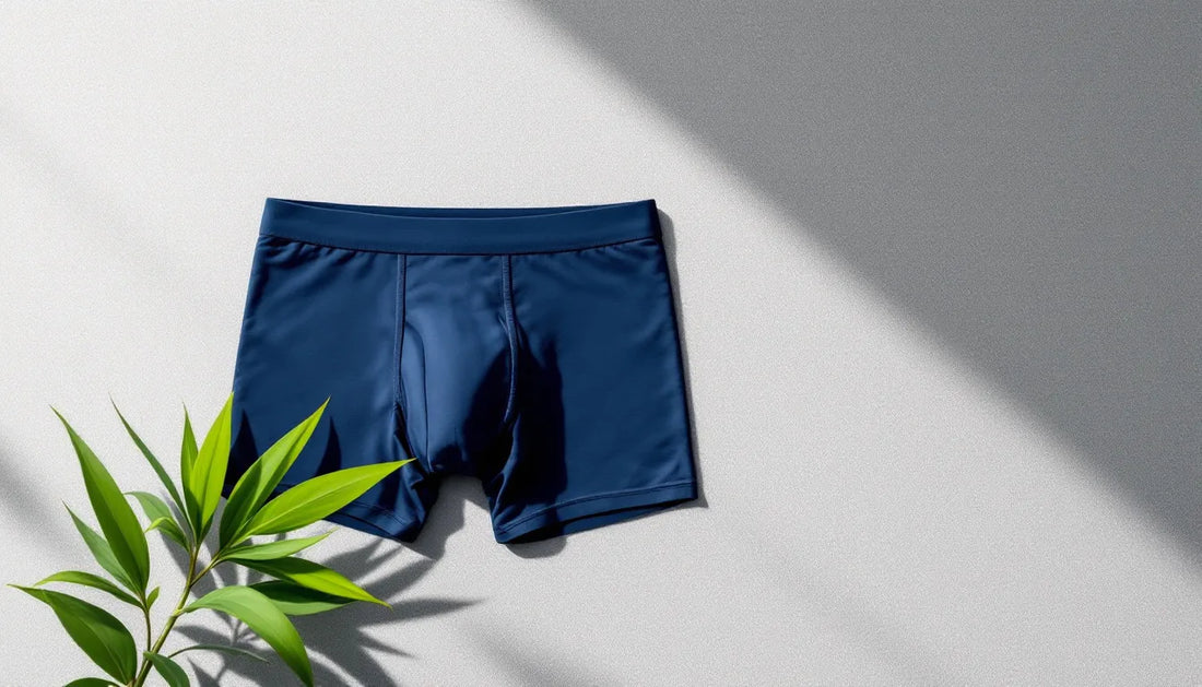 Premium navy and black men's boxer briefs laid flat on a light grey linen surface with a bamboo leaf accent, shot from above in natural light