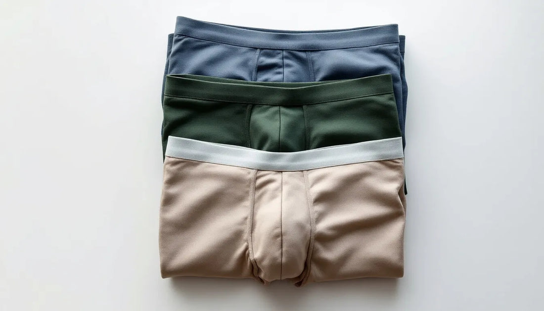 Flat-lay of neatly folded men's bamboo boxer briefs in charcoal gray, forest green, and powder blue on a white surface, showcasing premium fabric texture and quality