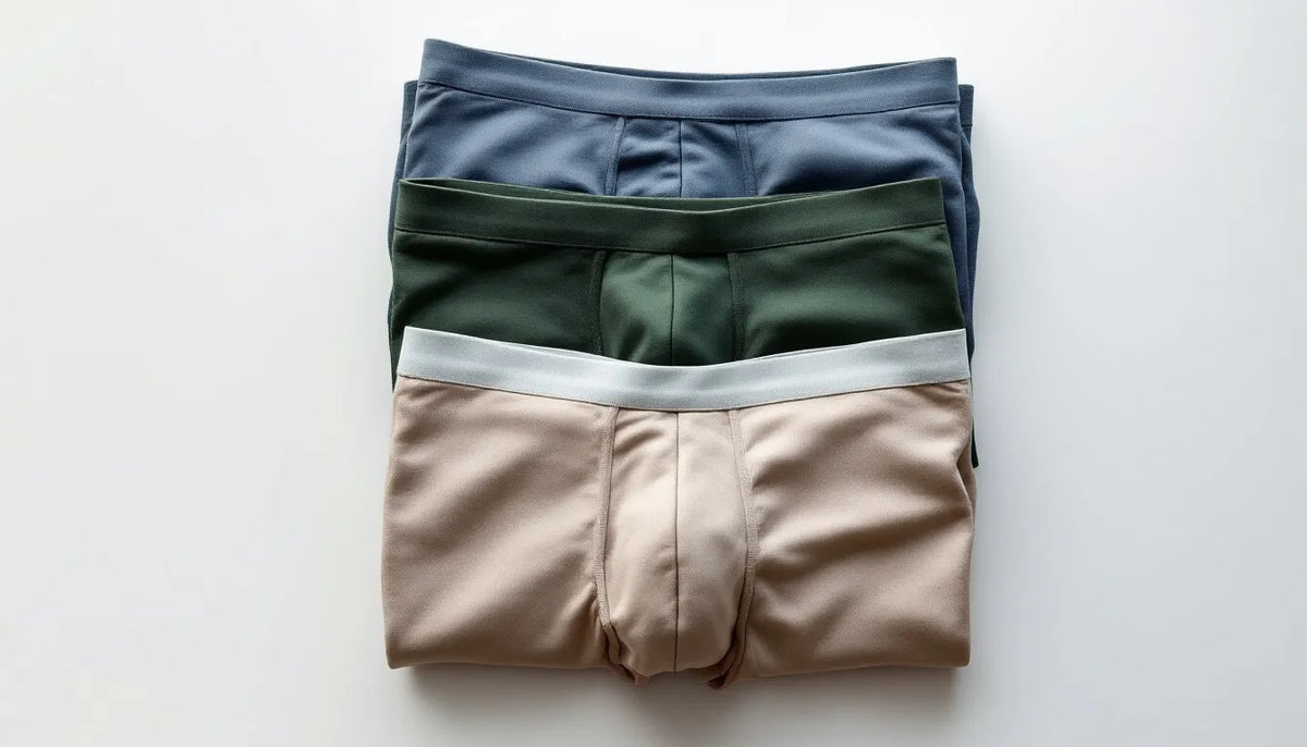 Flat-lay of neatly folded men's bamboo boxer briefs in charcoal gray, forest green, and powder blue on a white surface, showcasing premium fabric texture and quality
