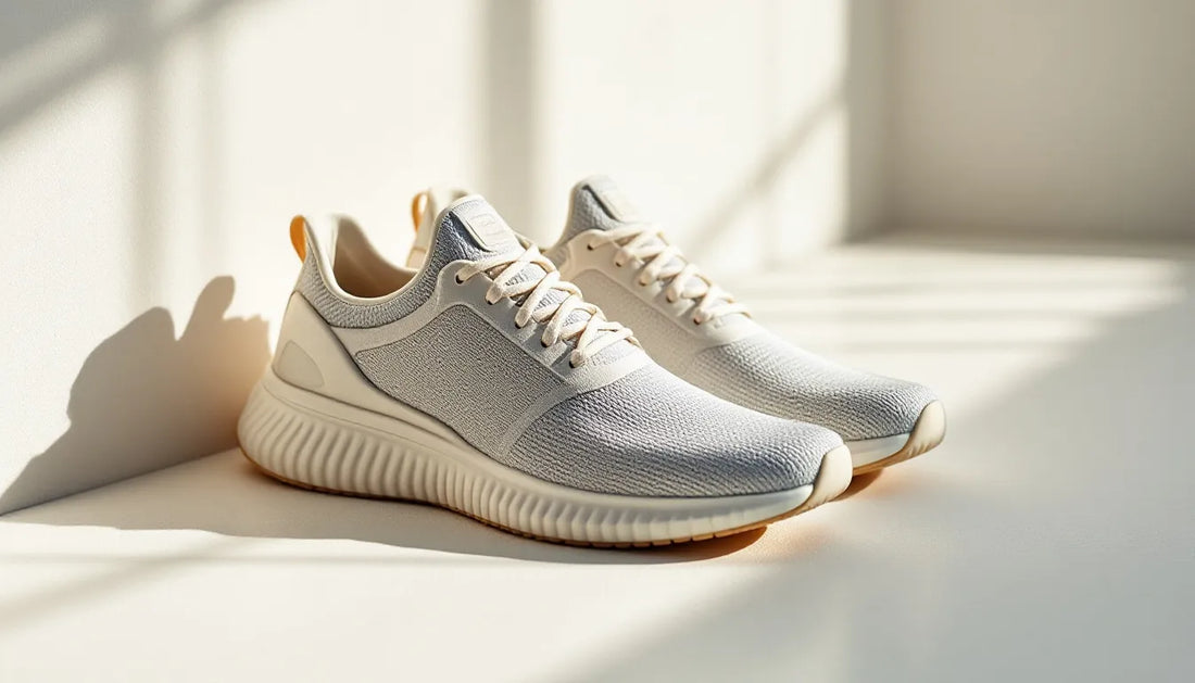 Close-up low-angle view of a pair of sleek running shoes on a white surface, highlighting mesh upper and cushioned sole in soft natural light