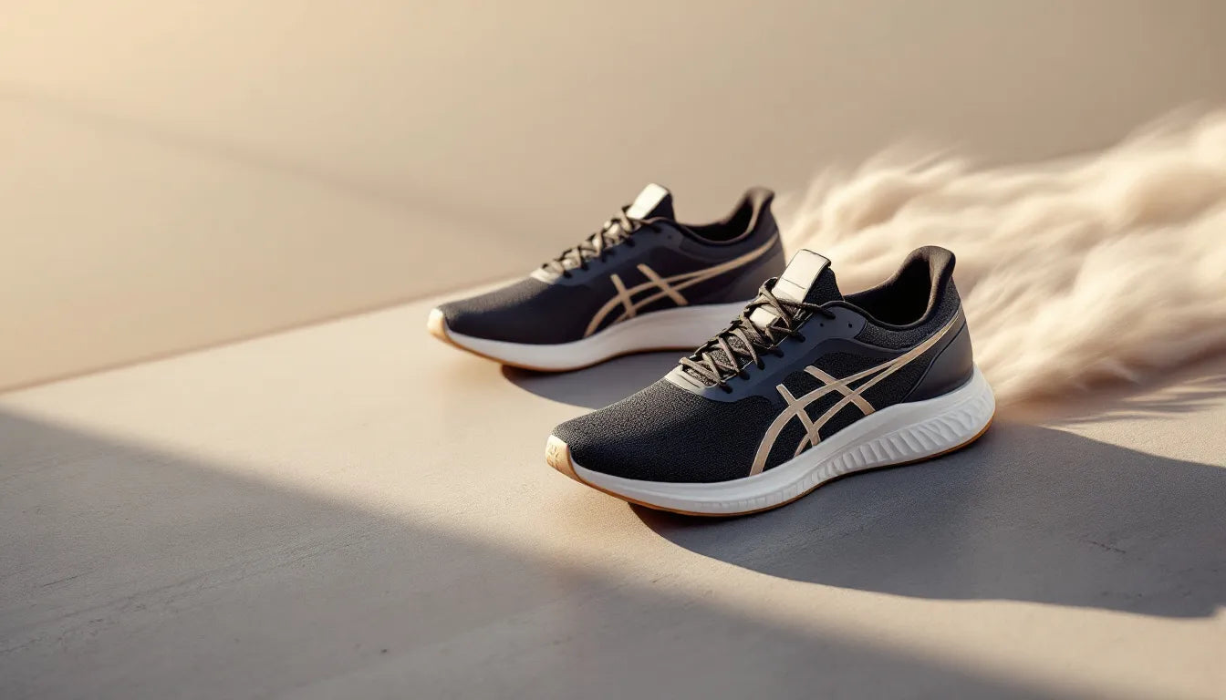 Sleek modern running sports shoes on a minimalist surface shot from above with natural daylight and subtle motion blur suggesting speed