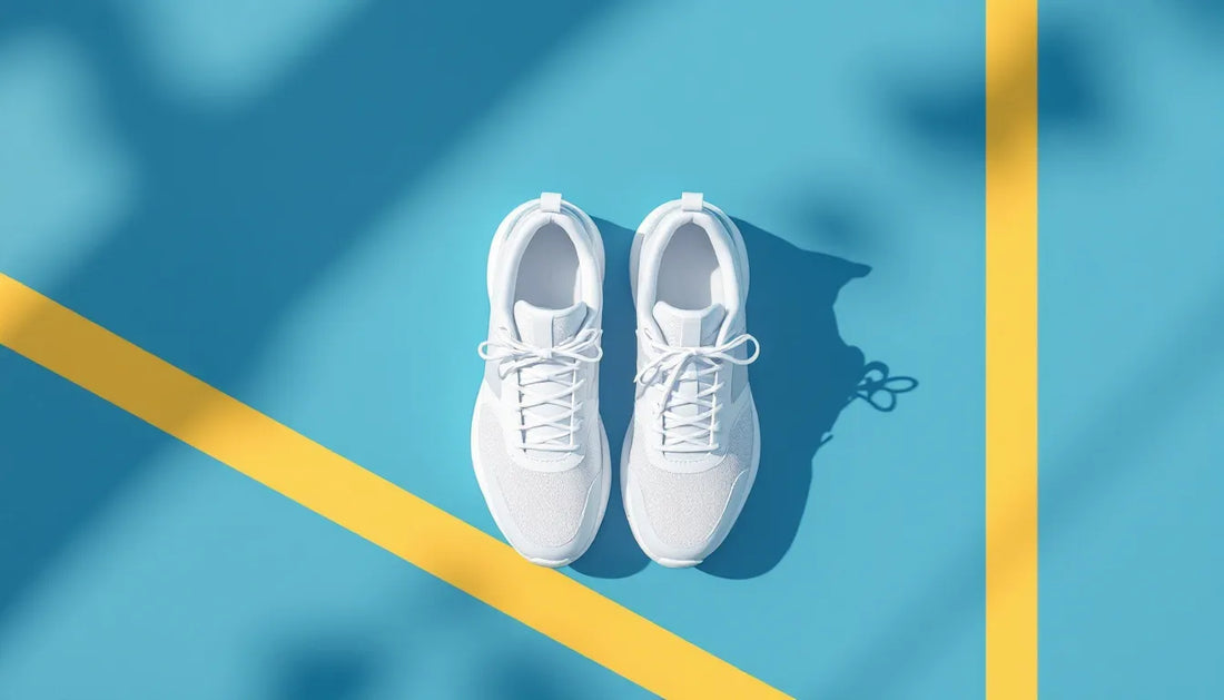 Top-down flat lay of modern athletic shoes on a blue tennis court surface with motion blur and bright court lines, representing the best tennis shoes for running