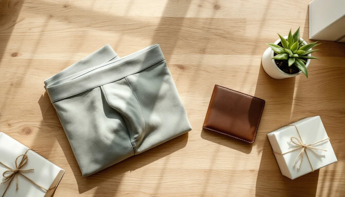 Flatlay of premium birthday gift ideas for boyfriend including folded bamboo fabric underwear, a minimalist watch, a leather wallet, a small succulent, and a ribbon-tied gift box on a warm wood surface