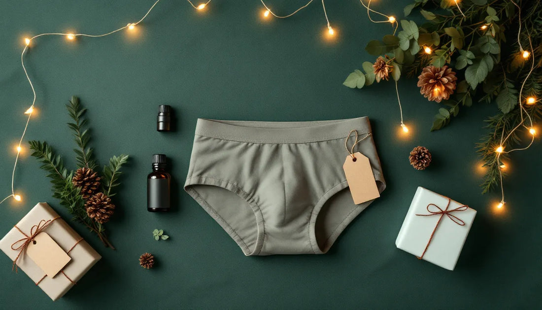 Flat-lay of Christmas gift ideas for your boyfriend including folded bamboo boxer briefs, a grooming kit, an essential oil bottle, and wrapped presents on a dark green holiday background with fairy lights