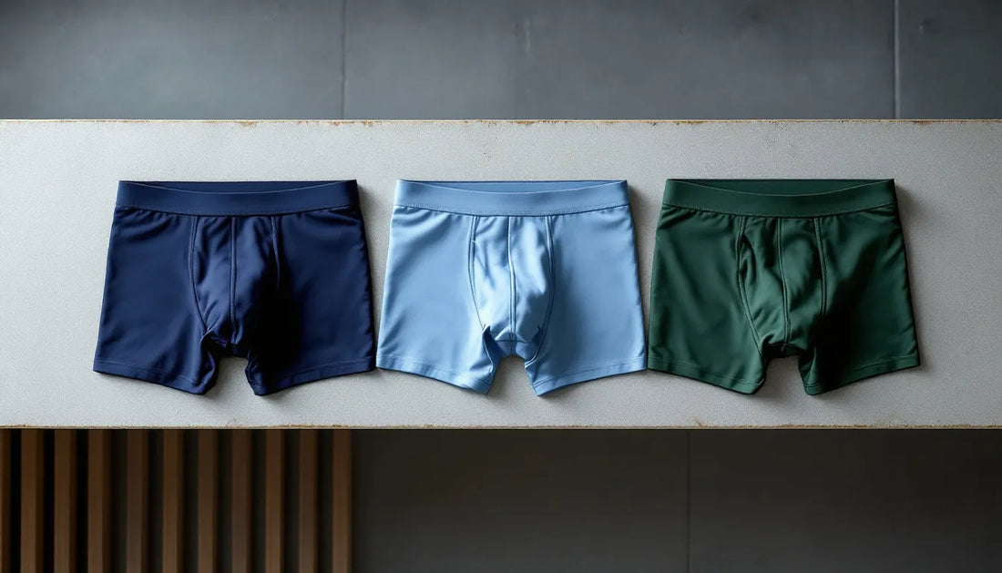 Flat-lay of men's bamboo boxer briefs in navy, powder blue, and forest green showing waistband and pouch construction on a gym locker room bench