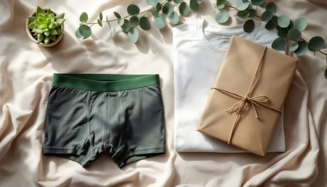 Eco-friendly men's fashion essentials including bamboo fabric underwear, organic cotton basics, and sustainable packaging arranged in minimalist flat lay