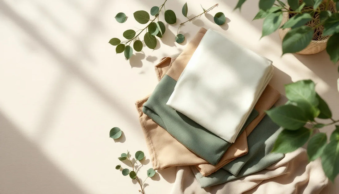 Flat-lay of neatly folded bamboo fabric men's clothing in sage green, clay, and ivory tones arranged on a wooden surface with green leaves, representing eco friendly fashion in India