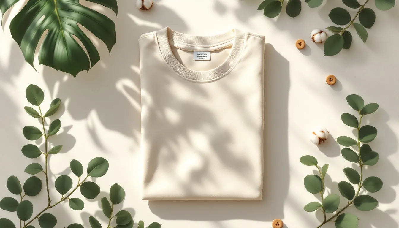 Flat-lay of eco-friendly fashion essentials including bamboo fabric swatch, organic cotton t-shirt, and natural materials arranged with green leaves on neutral background