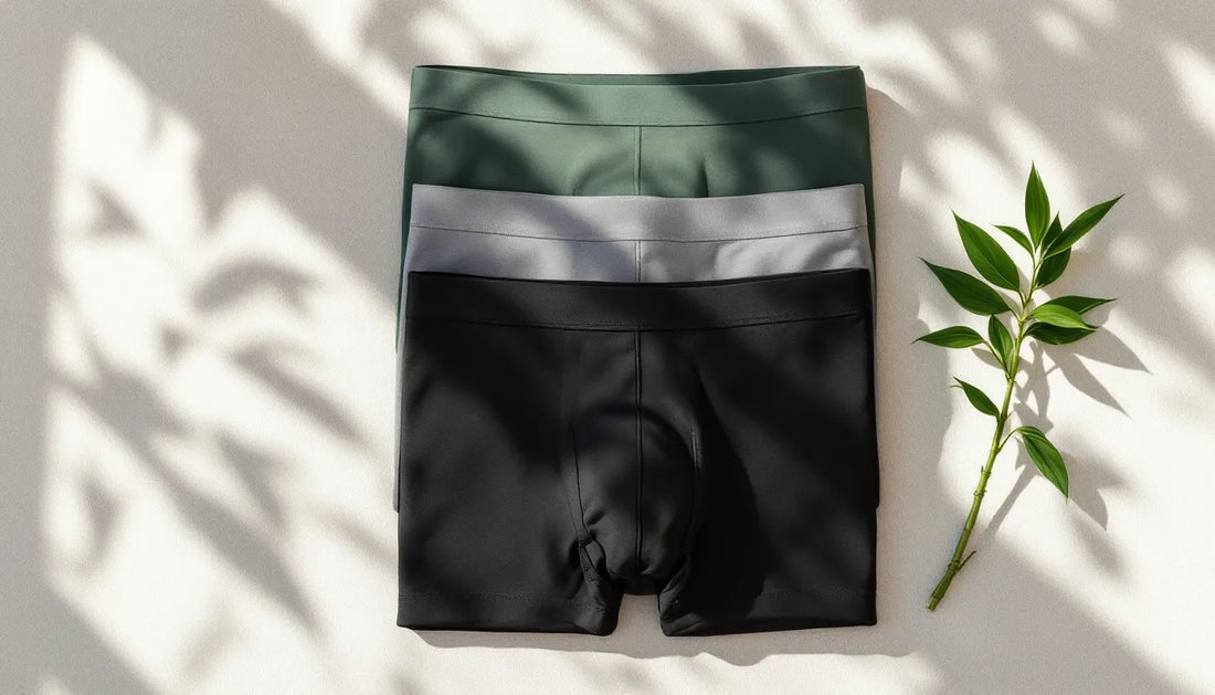 Flat-lay of folded bamboo fabric men's underwear in sage, slate, and black on a linen surface with a bamboo sprig, representing eco friendly fashion basics