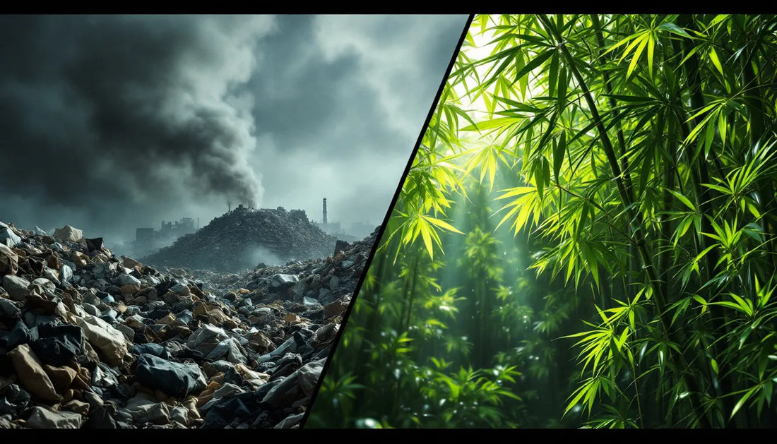 Split screen comparison showing polluted textile factory waste on left versus sustainable bamboo forest with eco-friendly clothing on right, illustrating contrast between fast fashion and eco friendly fashion companies