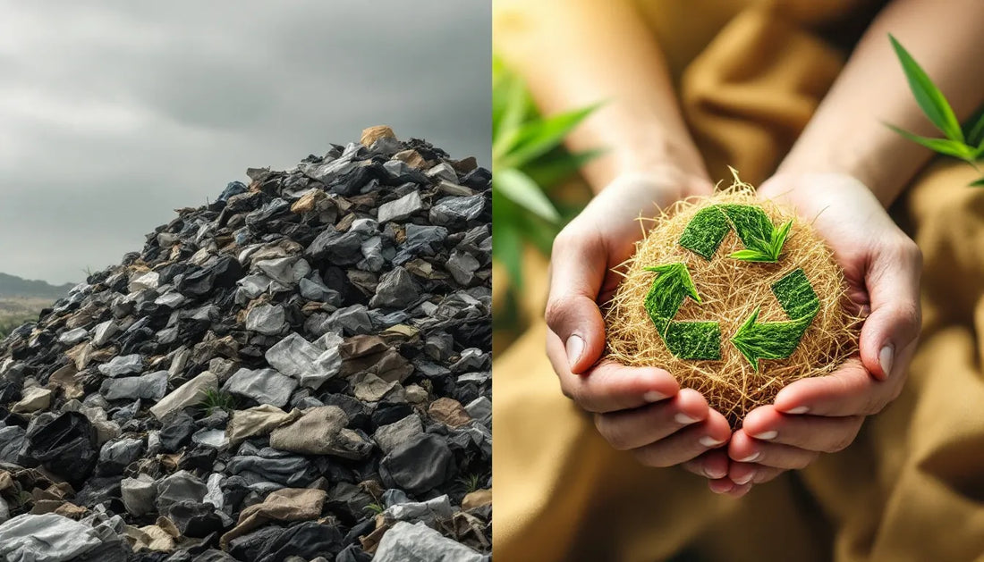 Split-screen image contrasting fast fashion textile waste in a landfill on the left with vibrant sustainable fashion elements including bamboo fabric, green leaves, and circular recycling materials on the right