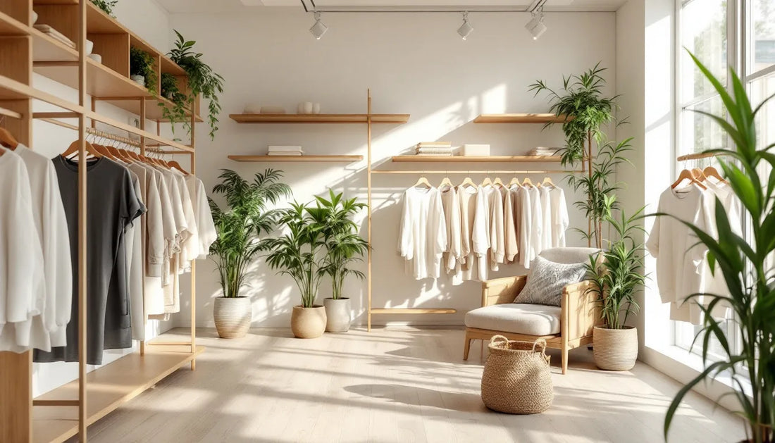 Modern eco-friendly fashion store interior with natural wood fixtures, sustainable clothing on hangers, and bamboo plants in natural lighting