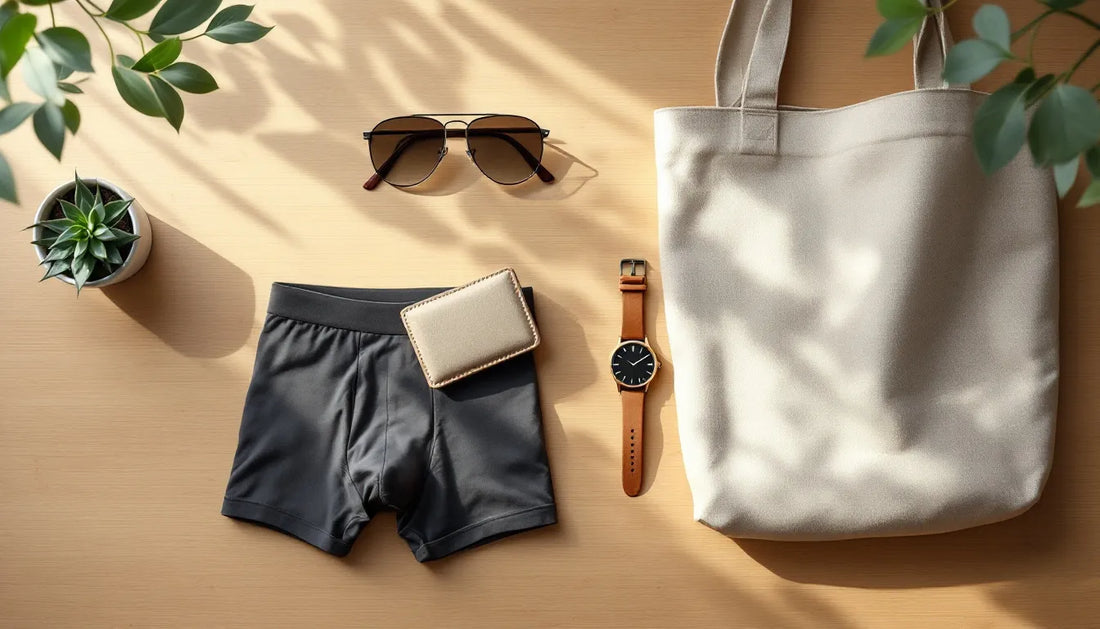 Flat lay of eco-friendly men's fashion accessories including bamboo underwear, organic cotton bag, wooden watch, and sustainable wallet on natural bamboo surface