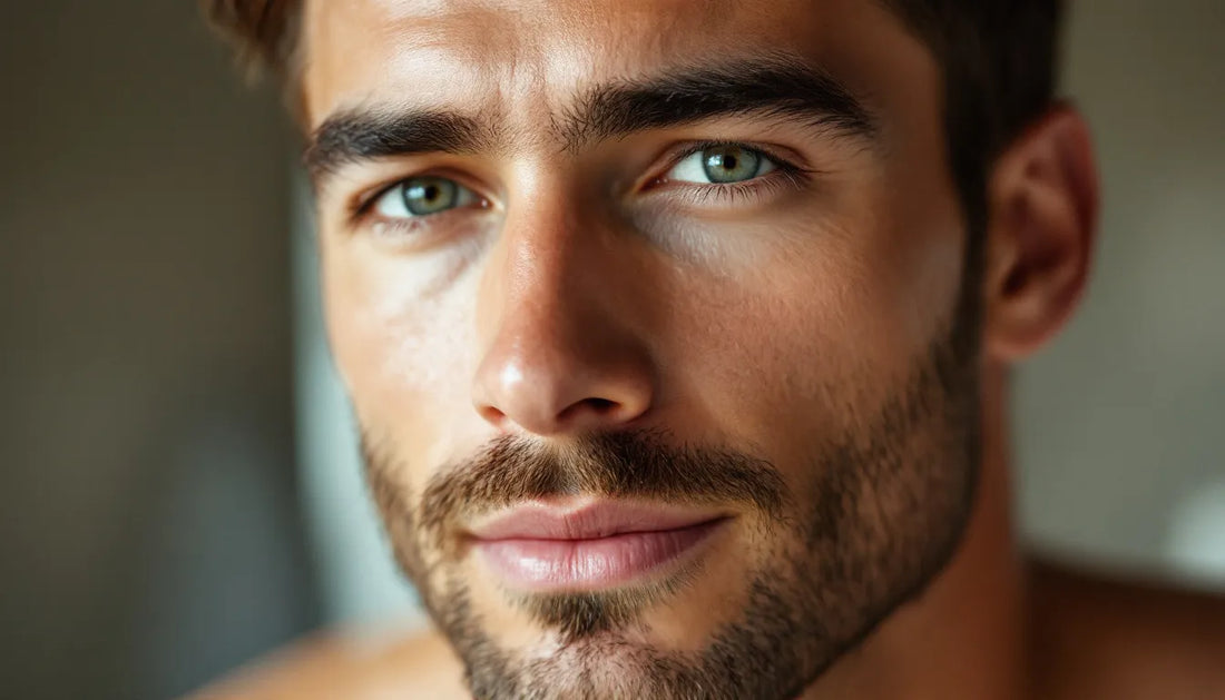 Well-groomed man with neatly defined masculine eyebrows in natural light, editorial close-up portrait for eyebrow grooming tips guide