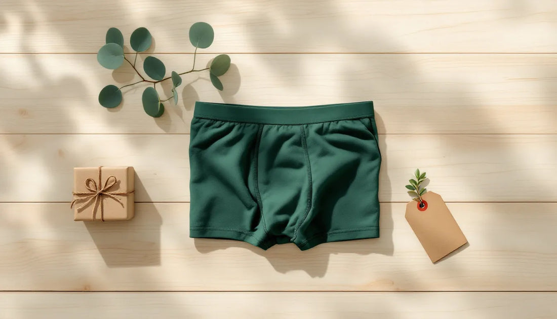 Flat-lay of forest green bamboo boxer briefs with a kraft paper Father's Day gift tag and a small green sprig on a light wood surface, soft natural side lighting