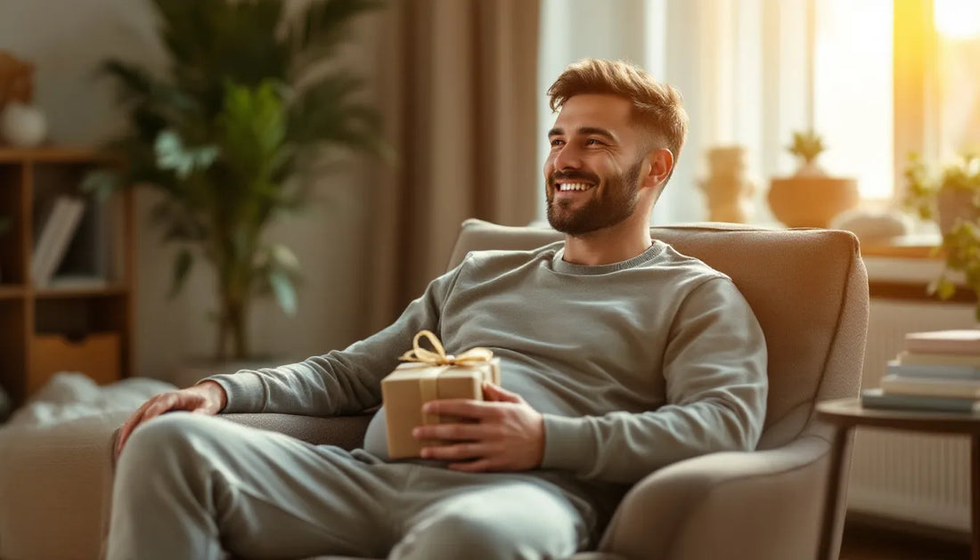 Relaxed expectant dad sitting in a cozy armchair holding a small wrapped gift box, wearing comfortable casual clothing in warm natural light — father's day gift ideas for dads-to-be