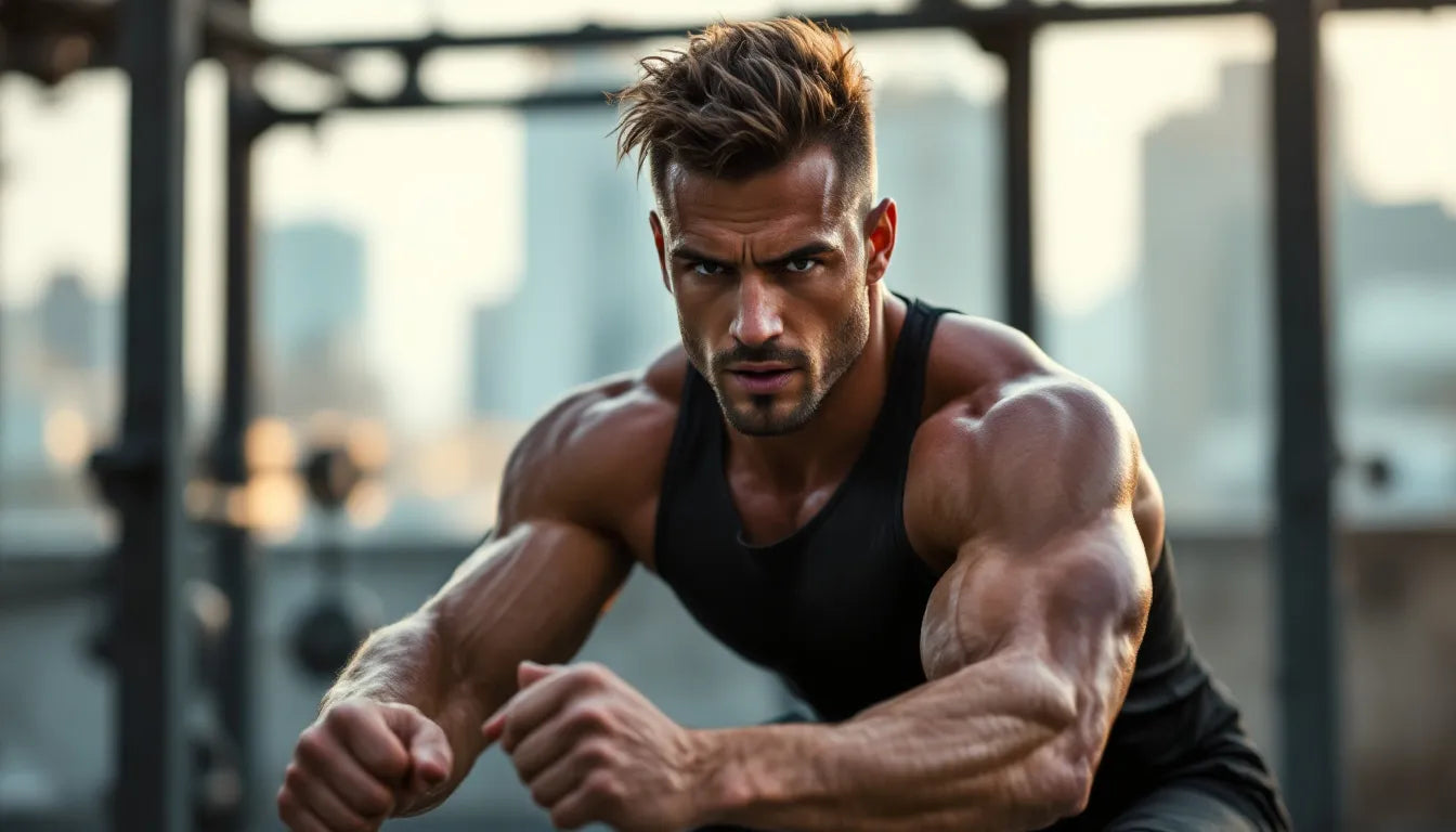 Athletic man in premium bamboo fabric workout gear training intensely outdoors with determined expression and motivational energy