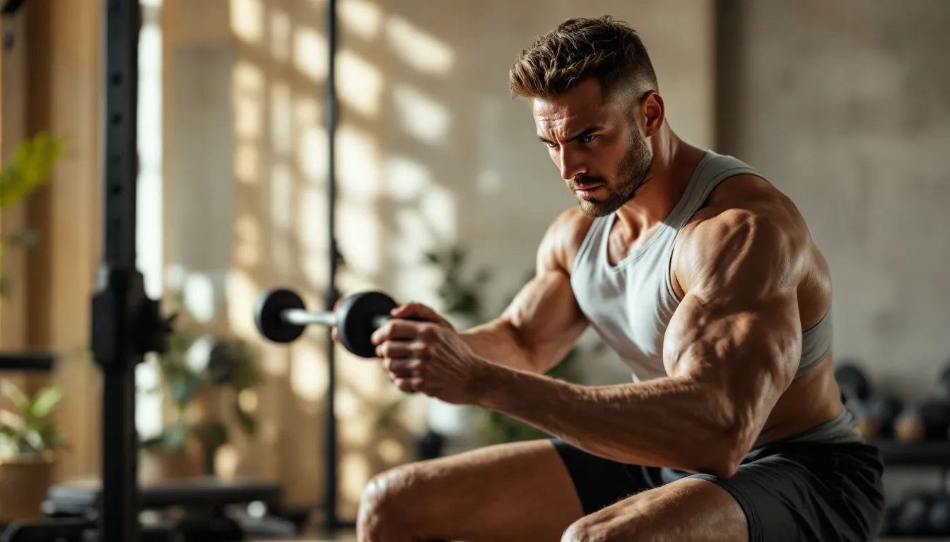 Focused man in athletic wear mid-workout in a minimalist gym with clean lighting and bamboo-tone neutral background, embodying quiet fitness motivation