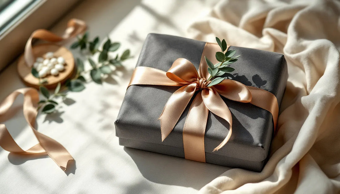 Neatly folded premium bamboo boxer briefs and trunks arranged as a gift on a white surface with a satin ribbon, warm lifestyle lighting