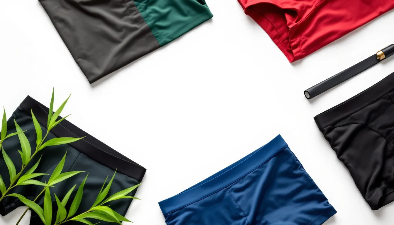 Flat-lay of colorful men's underwear styles including briefs, trunks, and boxer briefs in jewel tones and black on a white background with bamboo leaves