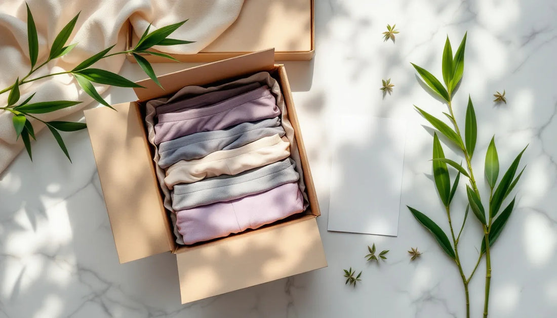 Neatly folded bamboo underwear in a gift box with bamboo leaves and a Father's Day card, warm natural lighting on a clean marble surface