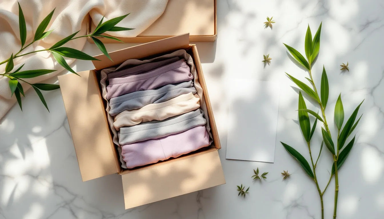 Neatly folded bamboo underwear in a gift box with bamboo leaves and a Father's Day card, warm natural lighting on a clean marble surface