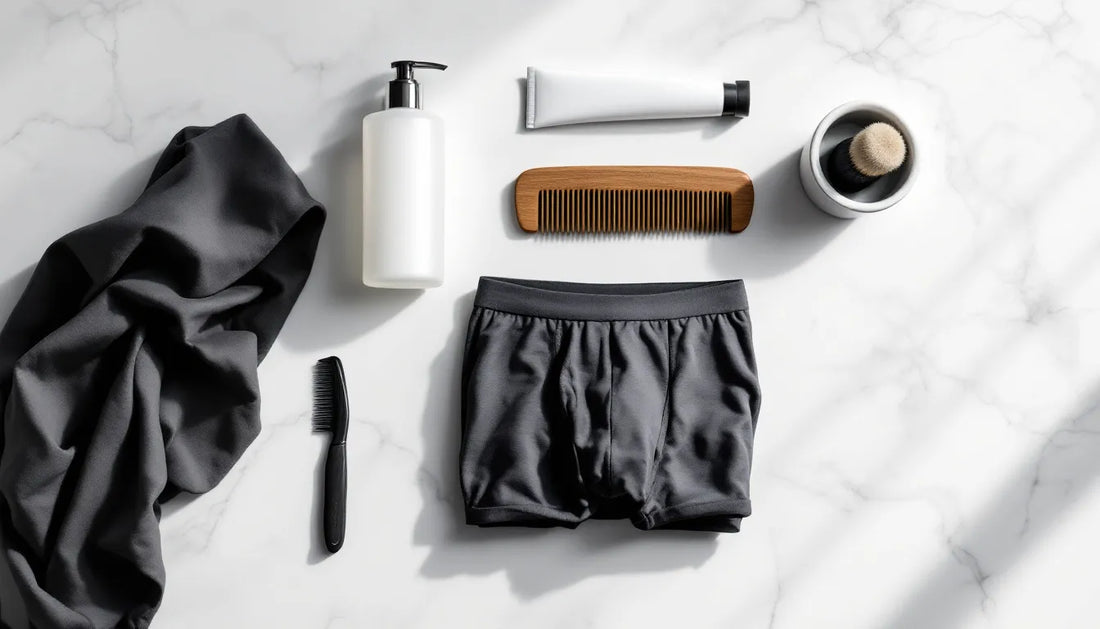 Flat lay of men's grooming essentials including face wash, razor, comb, moisturizer, and folded bamboo boxer briefs on a white marble surface