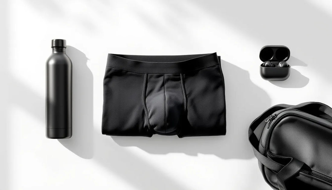 Flat lay of men's gym essentials gift including folded bamboo underwear trunks in dark colors, a water bottle, gym bag, and wireless earbuds arranged on a clean white surface