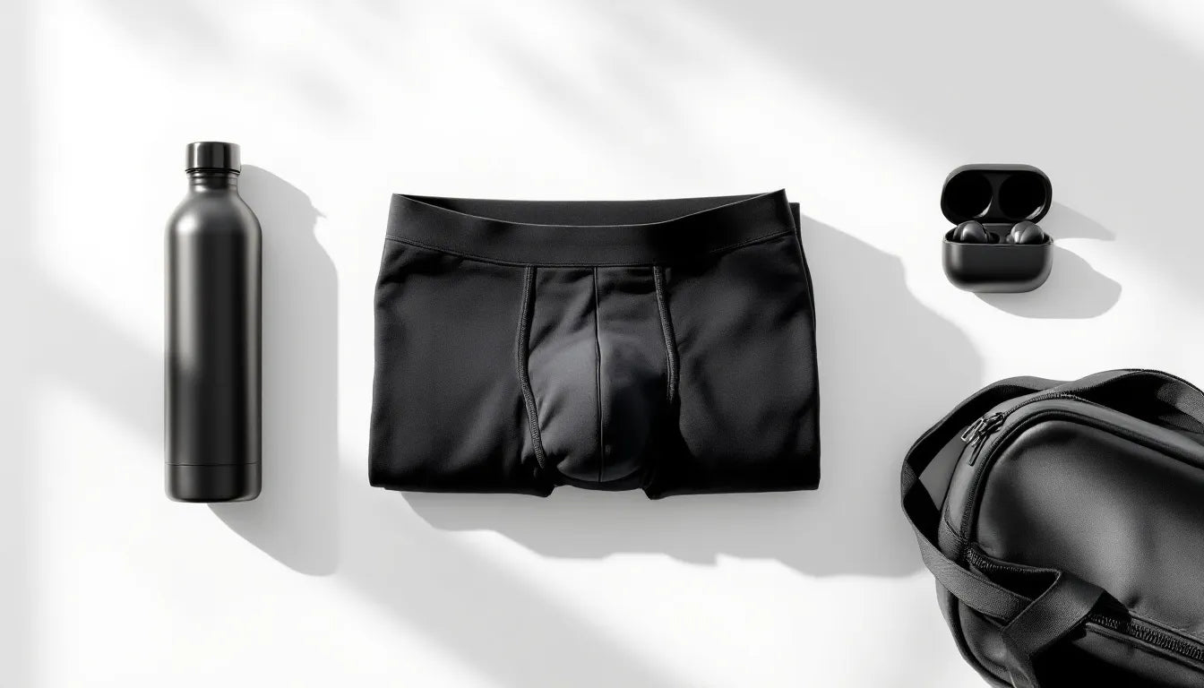 Flat lay of men's gym essentials gift including folded bamboo underwear trunks in dark colors, a water bottle, gym bag, and wireless earbuds arranged on a clean white surface