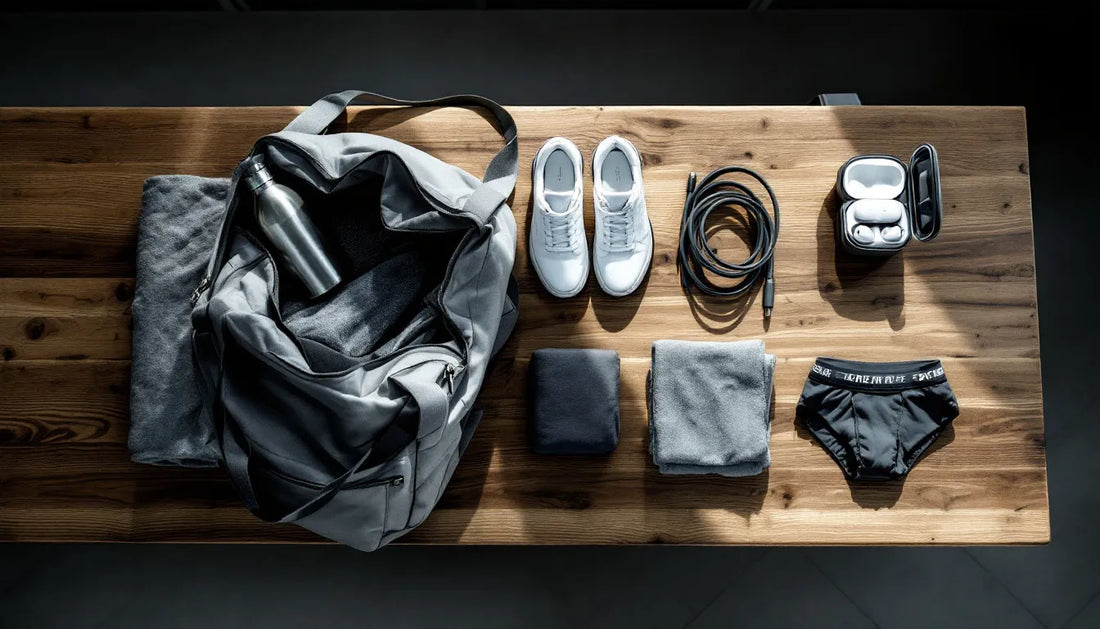 Top-down flat-lay of gym bag essentials for men on a wooden locker bench including water bottle, training shoes, resistance band, towel, earbuds, and bamboo boxer briefs