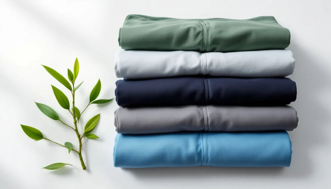 Flat-lay of neatly folded men's bamboo boxer briefs in forest green, blueberry black, and powder blue on a white surface with a small bamboo sprig, showcasing healthy underwear fabric options