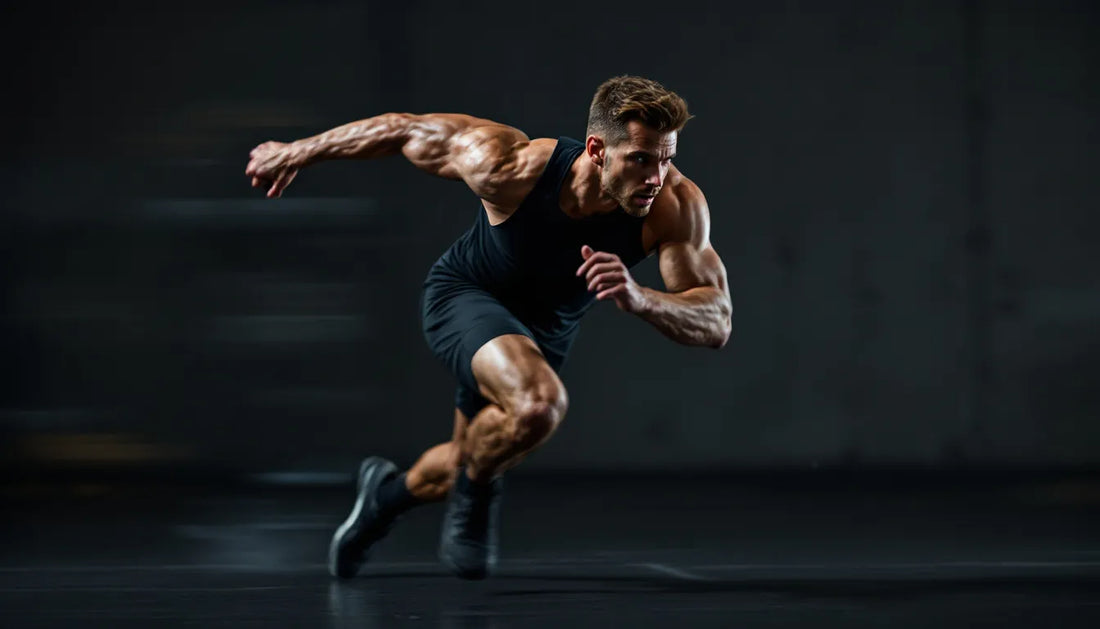 Athletic man mid-sprint during a HIIT workout routine, captured with motion blur and strong directional lighting in a gym setting