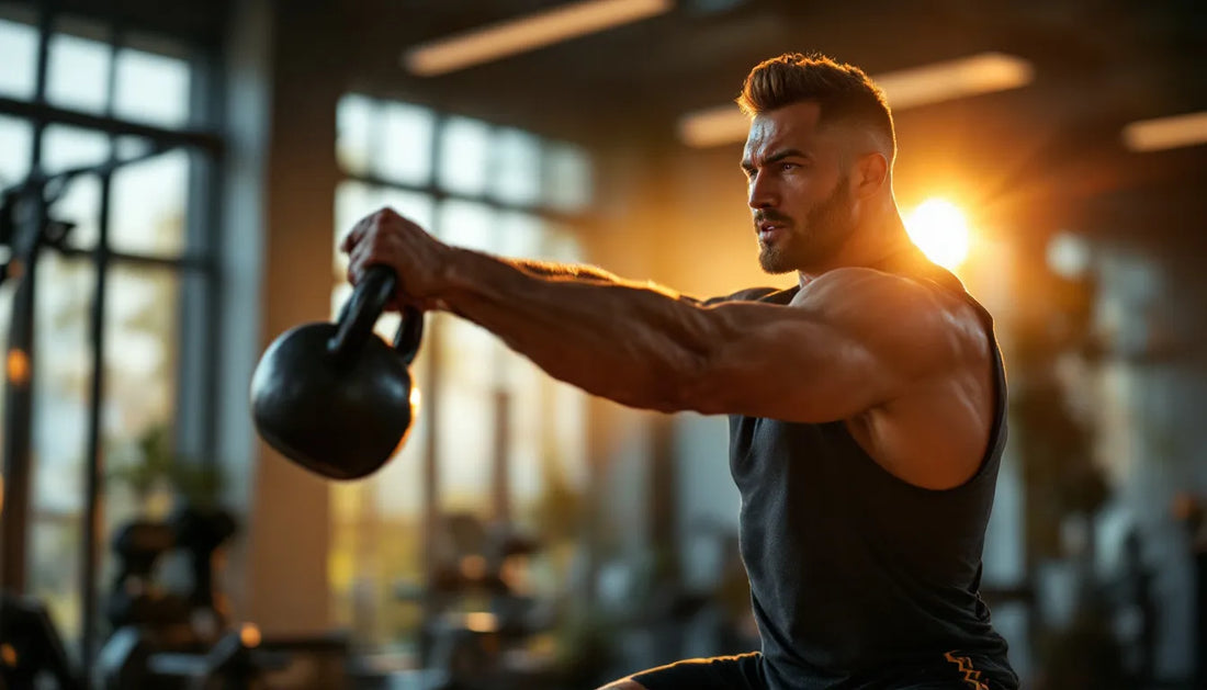 Athletic man performing kettlebell swing in gym during golden hour wearing premium bamboo fabric workout gear, showing fitness motivation and determination