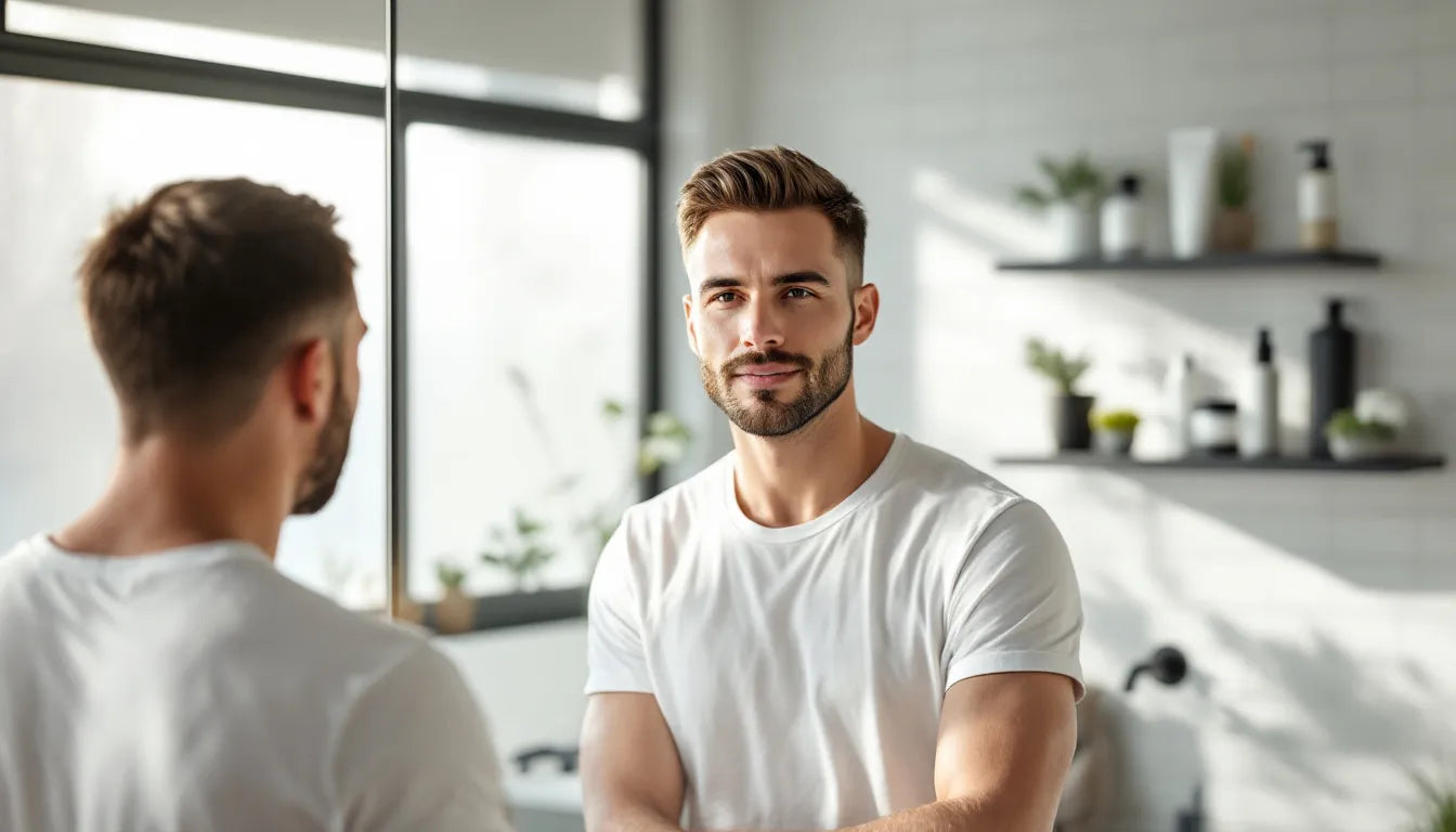 Confident man in his 30s looking in bathroom mirror during morning grooming routine with skincare products on shelf in modern minimalist bathroom