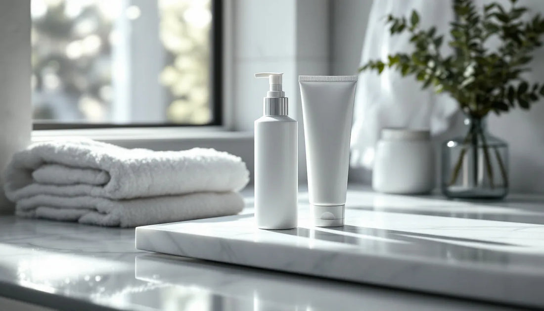 Modern men's skincare routine essentials arranged on clean bathroom counter with natural morning light - cleanser, moisturizer, and SPF
