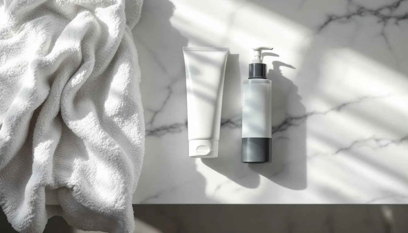 Minimal men's skincare routine flat lay on a white bathroom shelf featuring a cleanser, moisturizer, and SPF tube with soft morning light