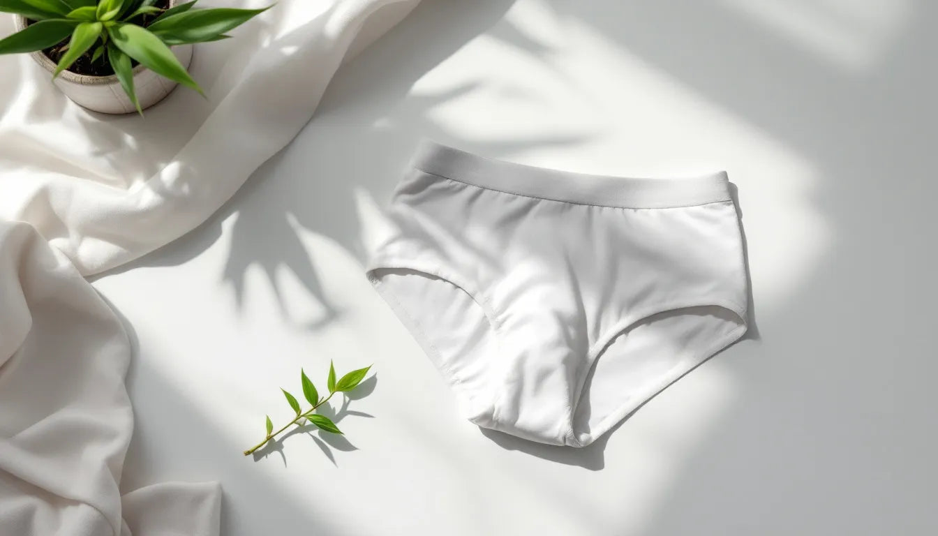Flat-lay of minimalist men's underwear on a white surface with a bamboo sprig, highlighting soft fabric texture and clean elastic waistband