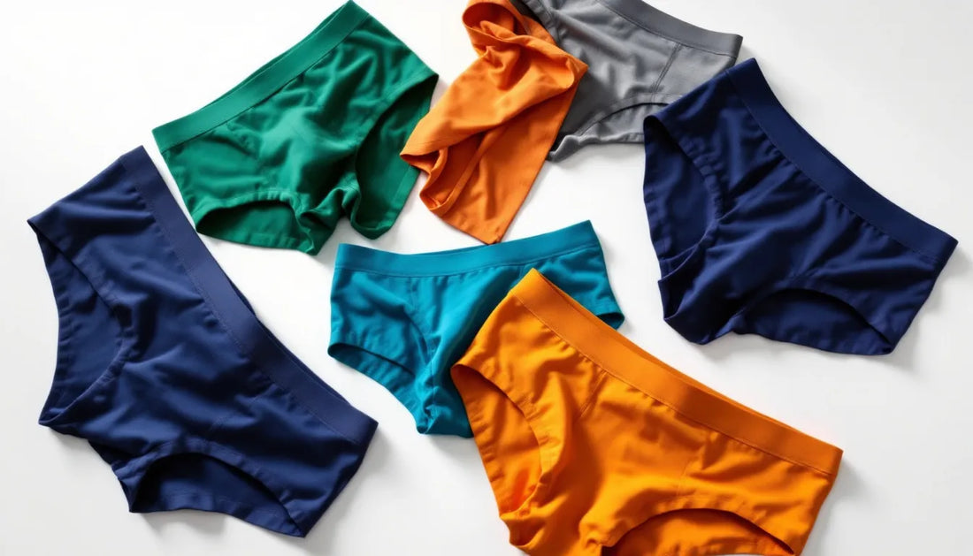Flat-lay of colorful men's bamboo briefs and trunks arranged on a white surface, showcasing vibrant colors and premium soft fabric