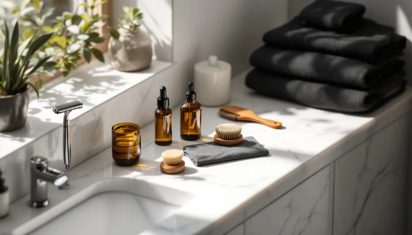 Modern men's grooming essentials arranged on bathroom counter including razor, skincare products, grooming tools, and premium bamboo underwear