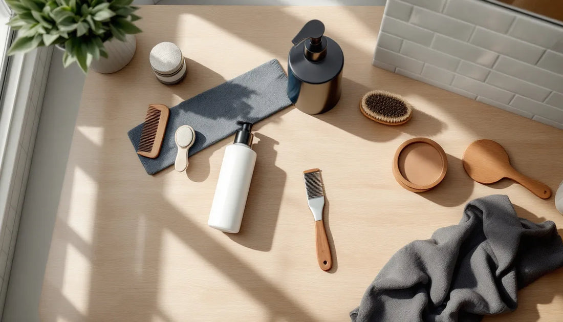Modern men's grooming essentials arranged on bathroom counter including face wash, moisturizer, trimmer, and wooden comb with natural lighting