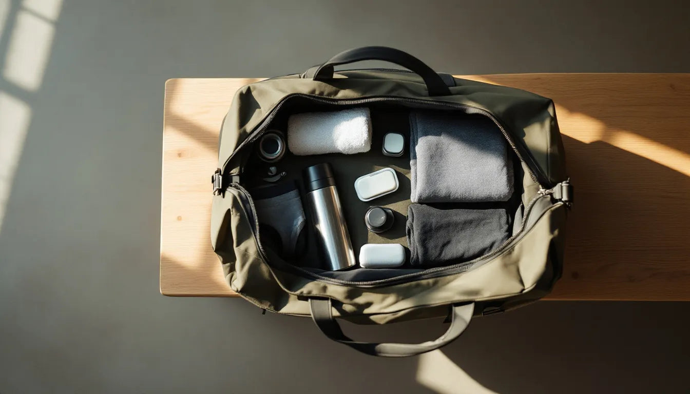 Men's gym bag essentials laid out inside an open duffel bag on a locker room bench, including folded underwear, a water bottle, towel, and deodorant, shot from above in warm natural light